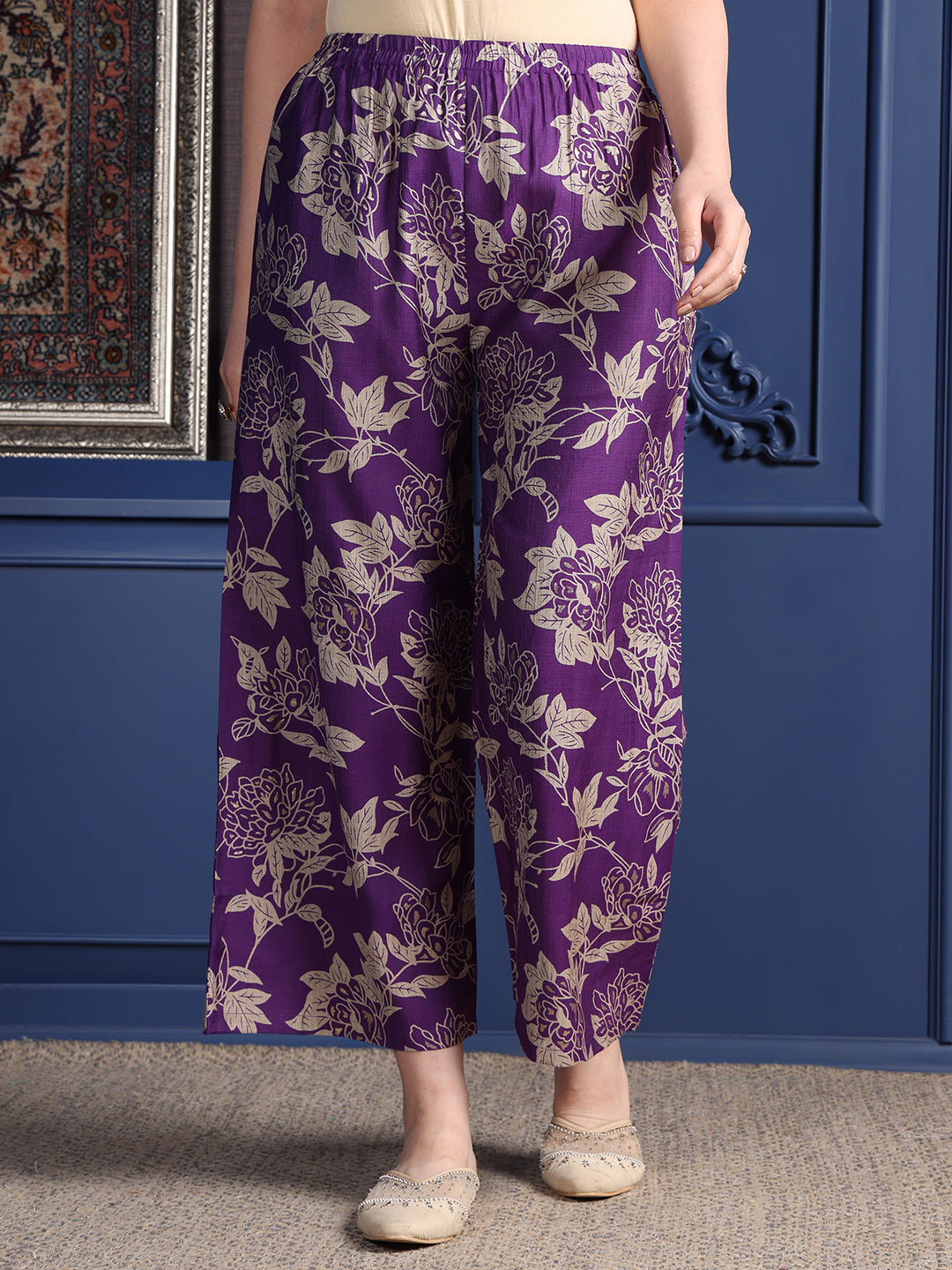 Embroidered & Printed Kurta With Palazzo & Dupatta, Purple - Hiral Fashion | Grocsy