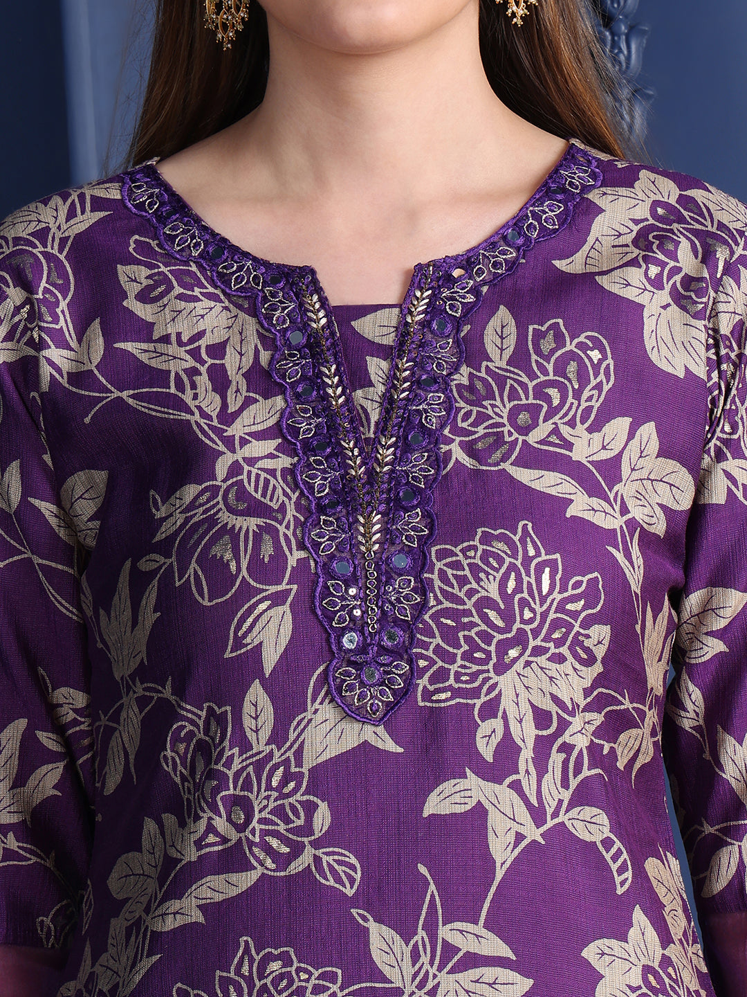 Embroidered & Printed Kurta With Palazzo & Dupatta, Purple - Hiral Fashion | Grocsy