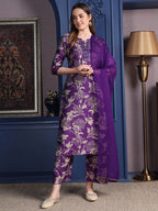 Embroidered & Printed Kurta With Palazzo & Dupatta, Purple - Hiral Fashion | Grocsy