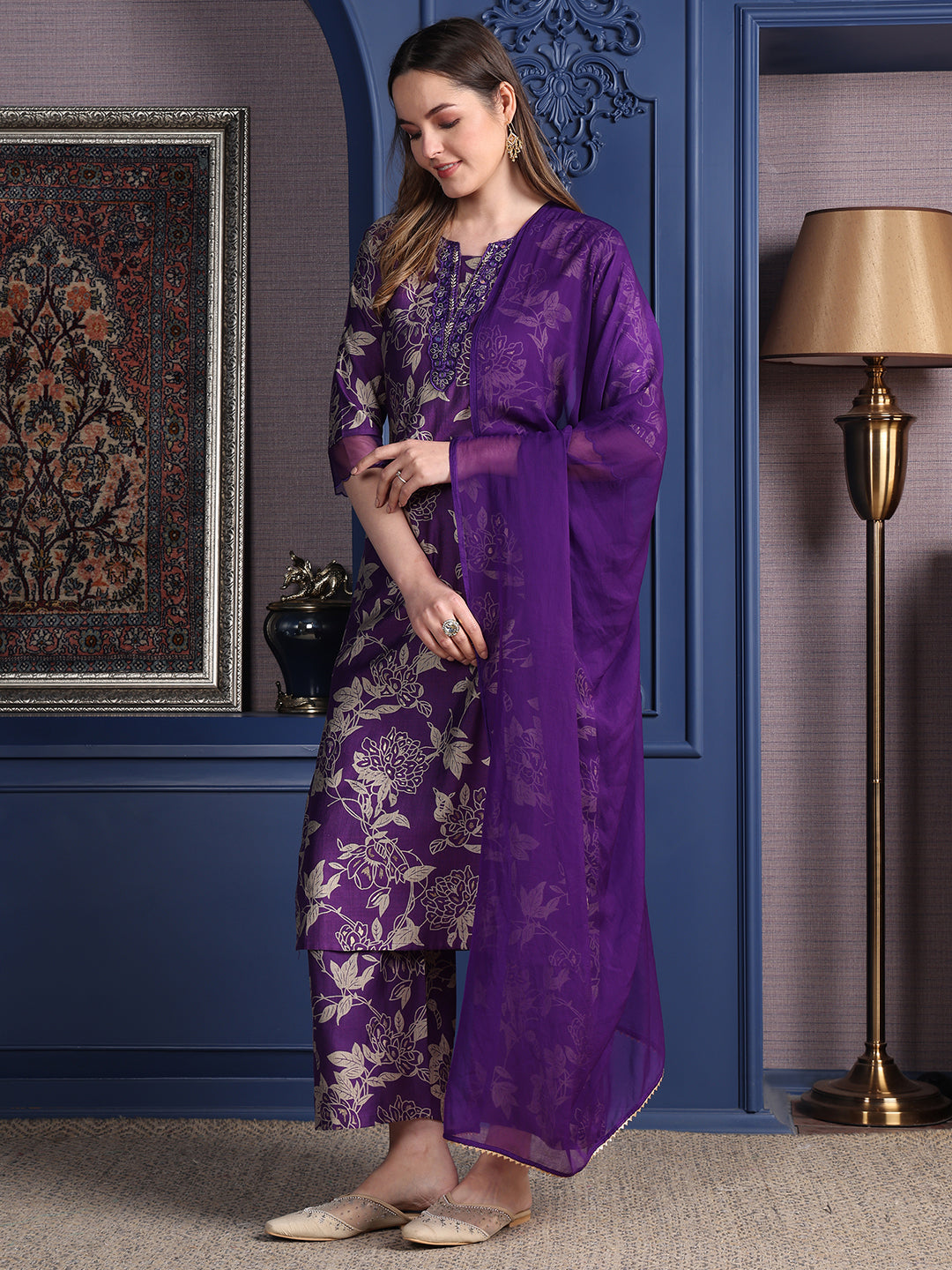 Embroidered & Printed Kurta With Palazzo & Dupatta, Purple - Hiral Fashion | Grocsy
