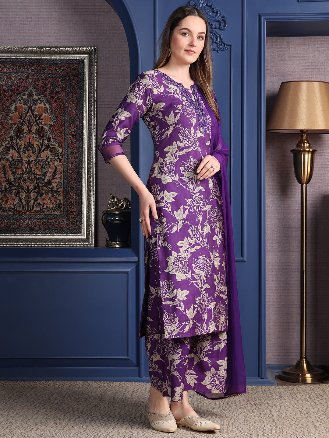 Embroidered & Printed Kurta With Palazzo & Dupatta, Purple - Hiral Fashion | Grocsy