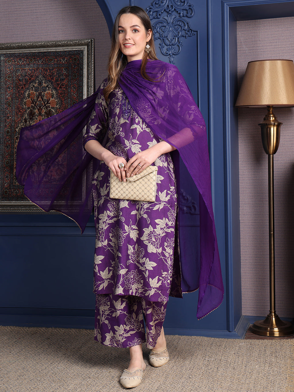 Embroidered & Printed Kurta With Palazzo & Dupatta, Purple - Hiral Fashion | Grocsy