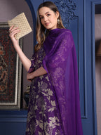 Embroidered & Printed Kurta With Palazzo & Dupatta, Purple - Hiral Fashion | Grocsy