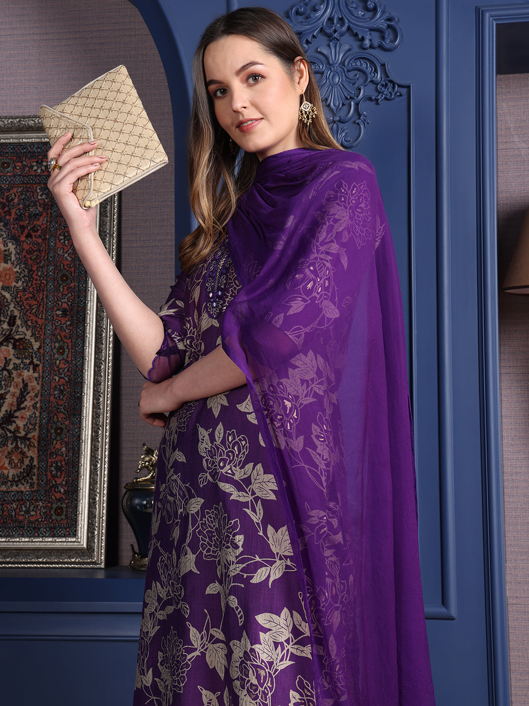 Embroidered & Printed Kurta With Palazzo & Dupatta, Purple - Hiral Fashion | Grocsy