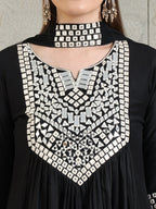Mirror Embroidered Kurta With Pant & Necklace Dupatta, Black - Hiral Fashion | Grocsy