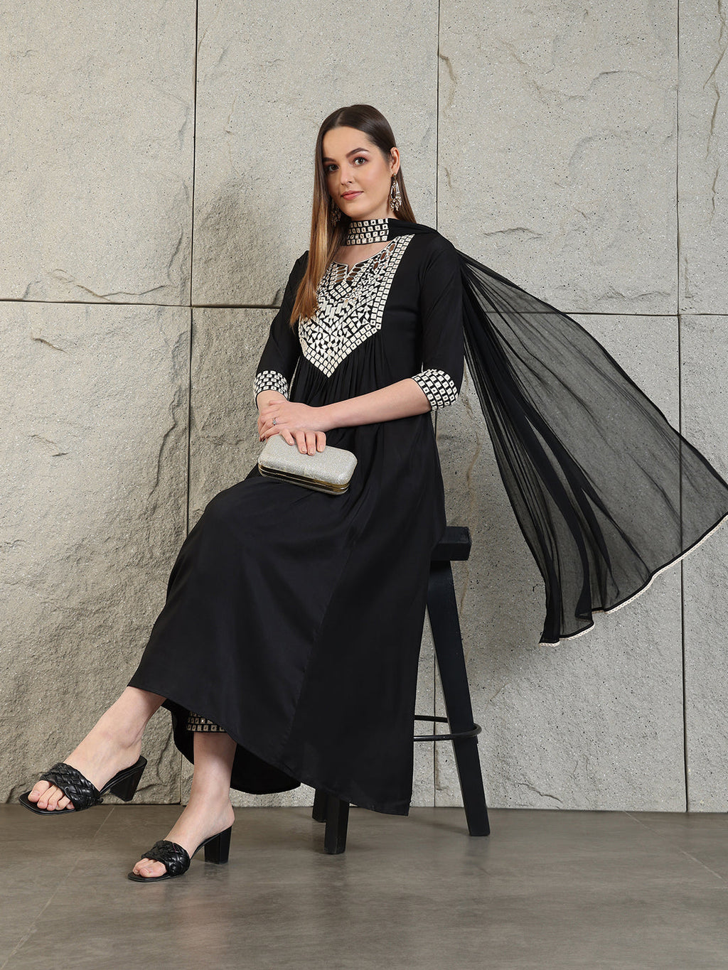 Mirror Embroidered Kurta With Pant & Necklace Dupatta, Black - Hiral Fashion | Grocsy