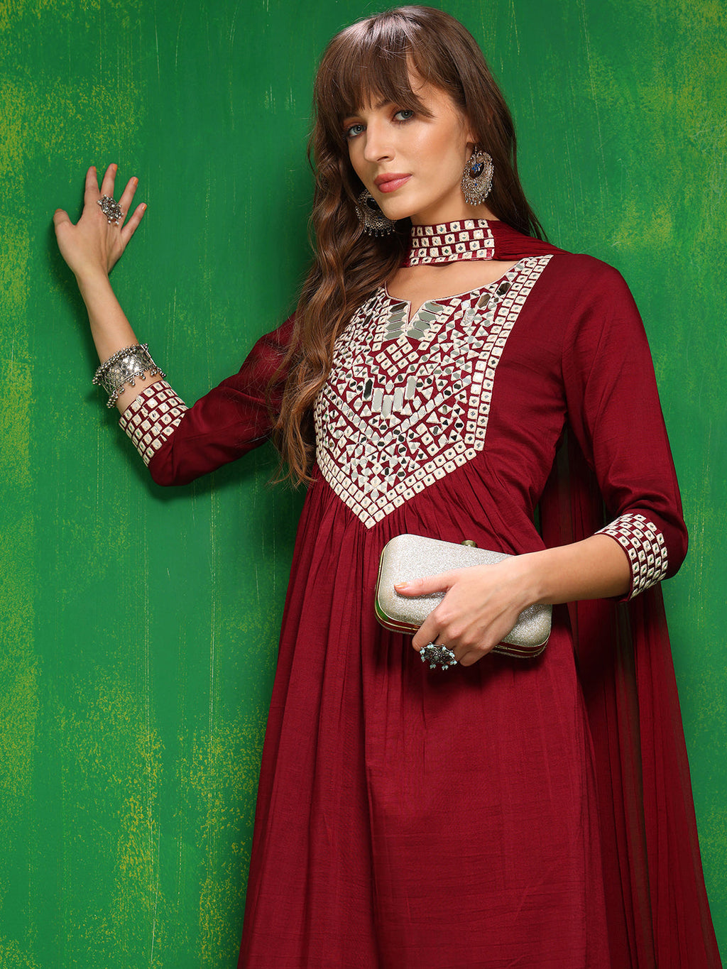 Mirror Embroidered Kurta With Pant & Necklace Dupatta, Maroon - Hiral Fashion | Grocsy
