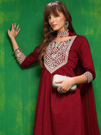 Mirror Embroidered Kurta With Pant & Necklace Dupatta, Maroon - Hiral Fashion | Grocsy