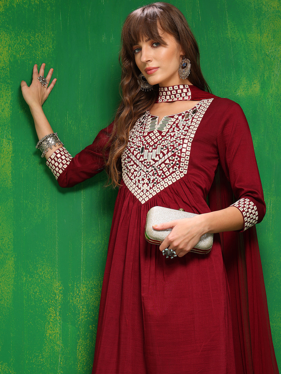 Mirror Embroidered Kurta With Pant & Necklace Dupatta, Maroon - Hiral Fashion | Grocsy