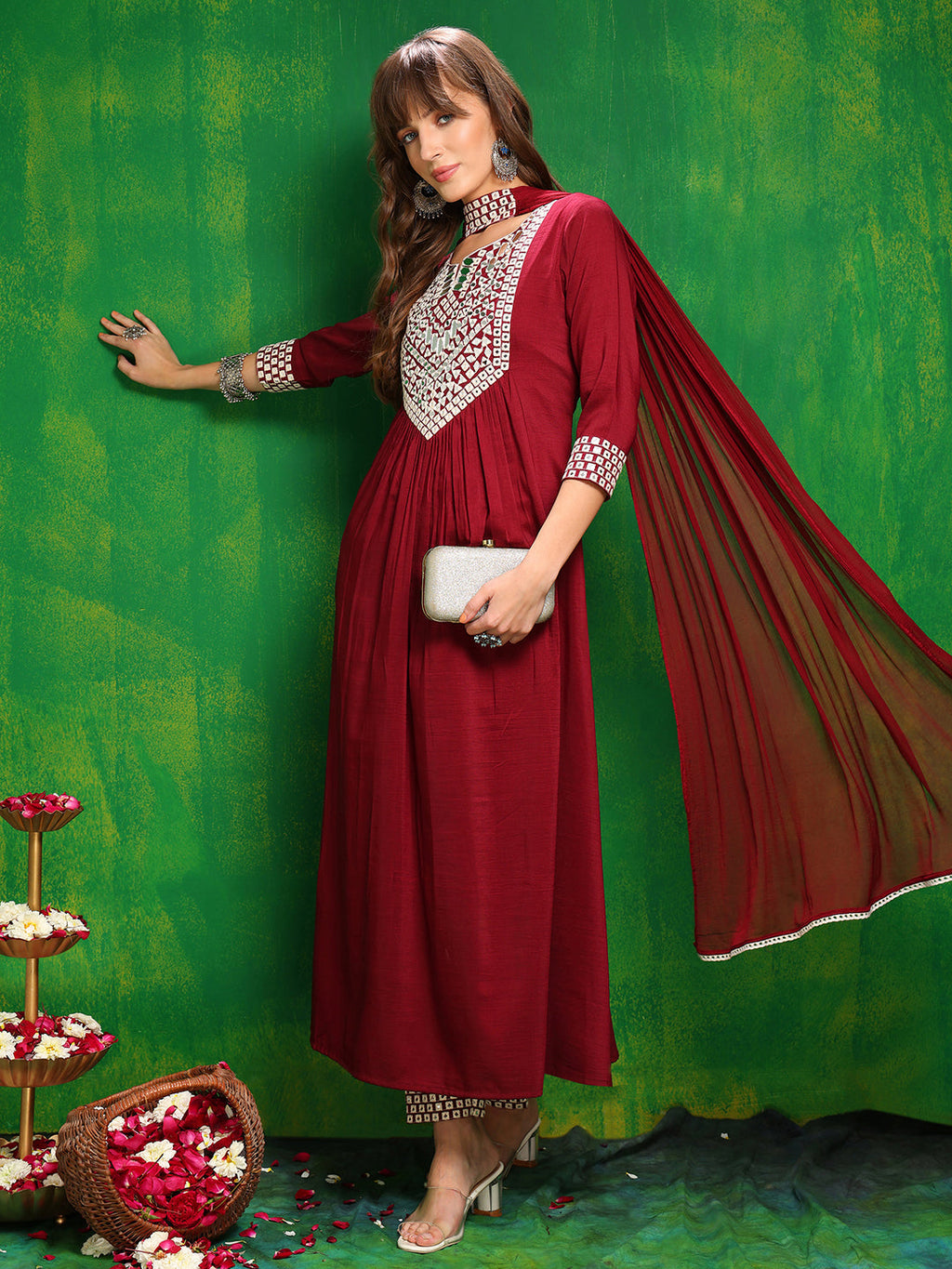 Mirror Embroidered Kurta With Pant & Necklace Dupatta, Maroon - Hiral Fashion | Grocsy