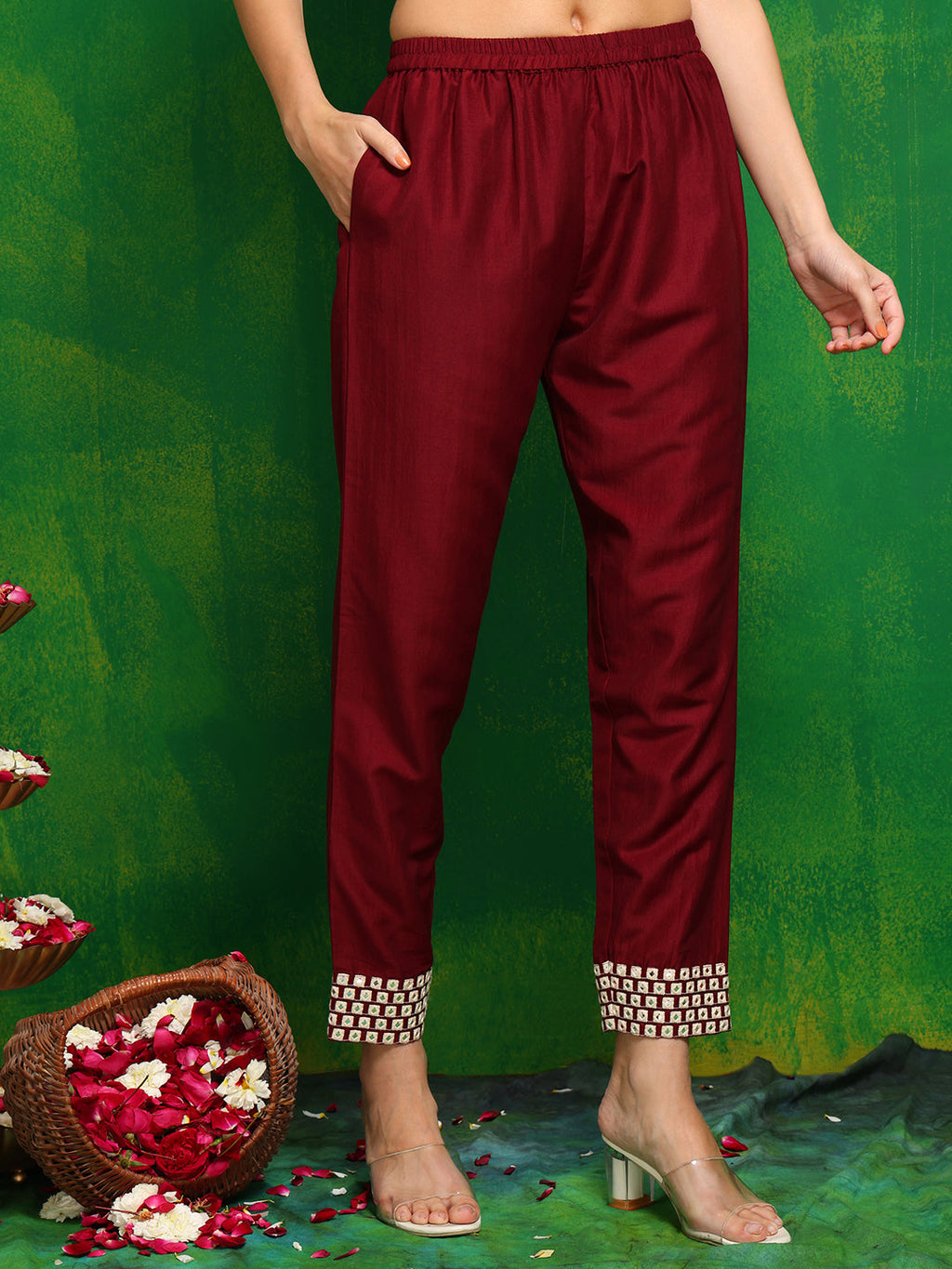 Mirror Embroidered Kurta With Pant & Necklace Dupatta, Maroon - Hiral Fashion | Grocsy