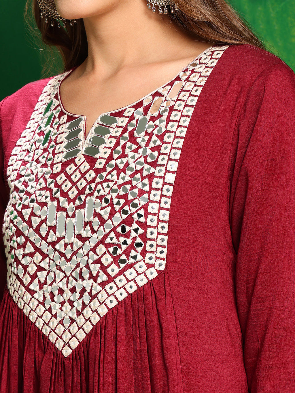 Mirror Embroidered Kurta With Pant & Necklace Dupatta, Maroon - Hiral Fashion | Grocsy
