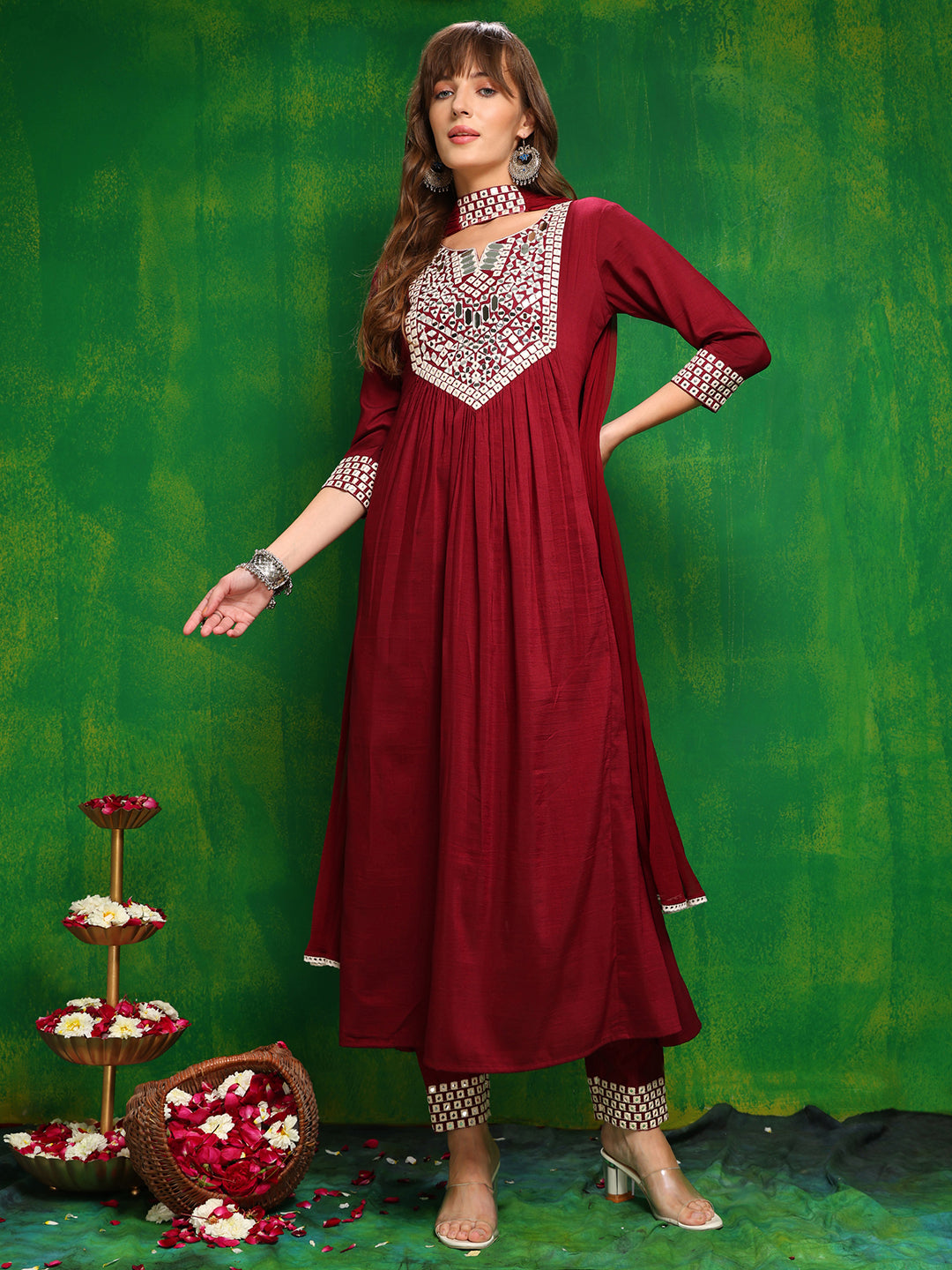 Mirror Embroidered Kurta With Pant & Necklace Dupatta, Maroon - Hiral Fashion | Grocsy