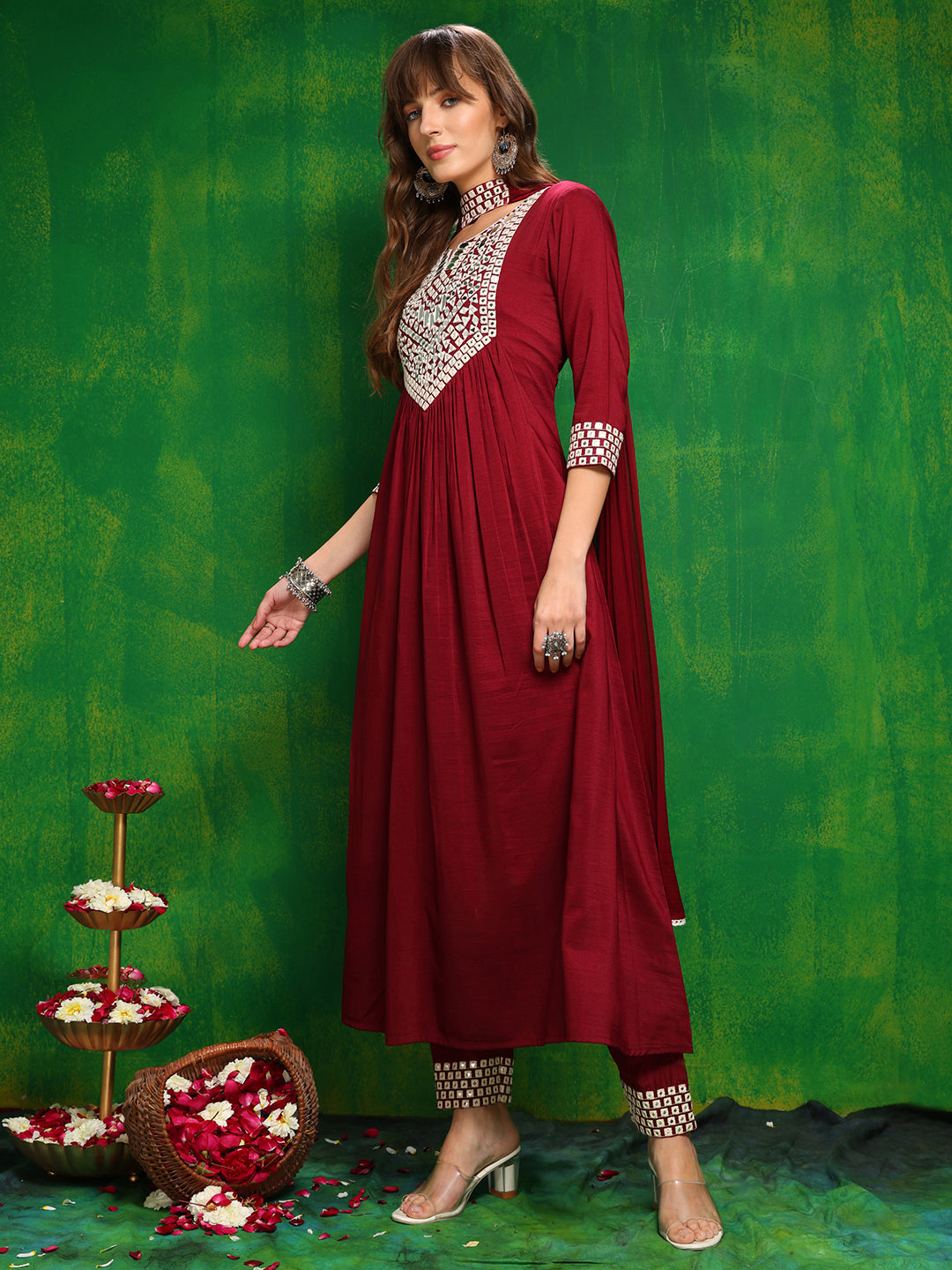 Mirror Embroidered Kurta With Pant & Necklace Dupatta, Maroon - Hiral Fashion | Grocsy