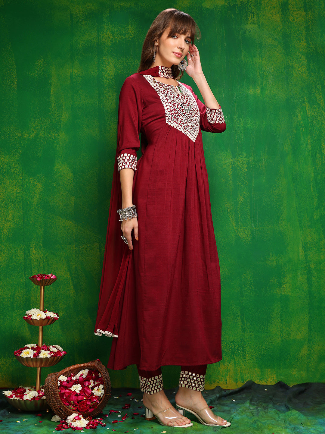 Mirror Embroidered Kurta With Pant & Necklace Dupatta, Maroon - Hiral Fashion | Grocsy
