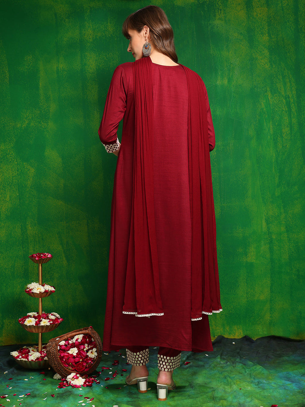 Mirror Embroidered Kurta With Pant & Necklace Dupatta, Maroon - Hiral Fashion | Grocsy