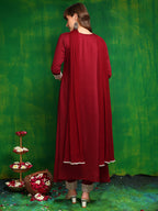 Mirror Embroidered Kurta With Pant & Necklace Dupatta, Maroon - Hiral Fashion | Grocsy