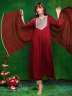 Mirror Embroidered Kurta With Pant & Necklace Dupatta, Maroon - Hiral Fashion | Grocsy