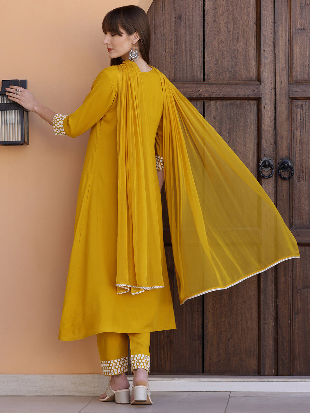 Mirror Embroidered Kurta With Pant & Necklace Dupatta, Mustard - Hiral Fashion | Grocsy