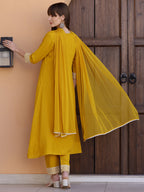 Mirror Embroidered Kurta With Pant & Necklace Dupatta, Mustard - Hiral Fashion | Grocsy
