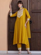 Mirror Embroidered Kurta With Pant & Necklace Dupatta, Mustard - Hiral Fashion | Grocsy