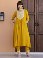 Mirror Embroidered Kurta With Pant & Necklace Dupatta, Mustard - Hiral Fashion | Grocsy