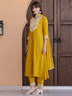 Mirror Embroidered Kurta With Pant & Necklace Dupatta, Mustard - Hiral Fashion | Grocsy