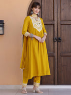 Mirror Embroidered Kurta With Pant & Necklace Dupatta, Mustard - Hiral Fashion | Grocsy
