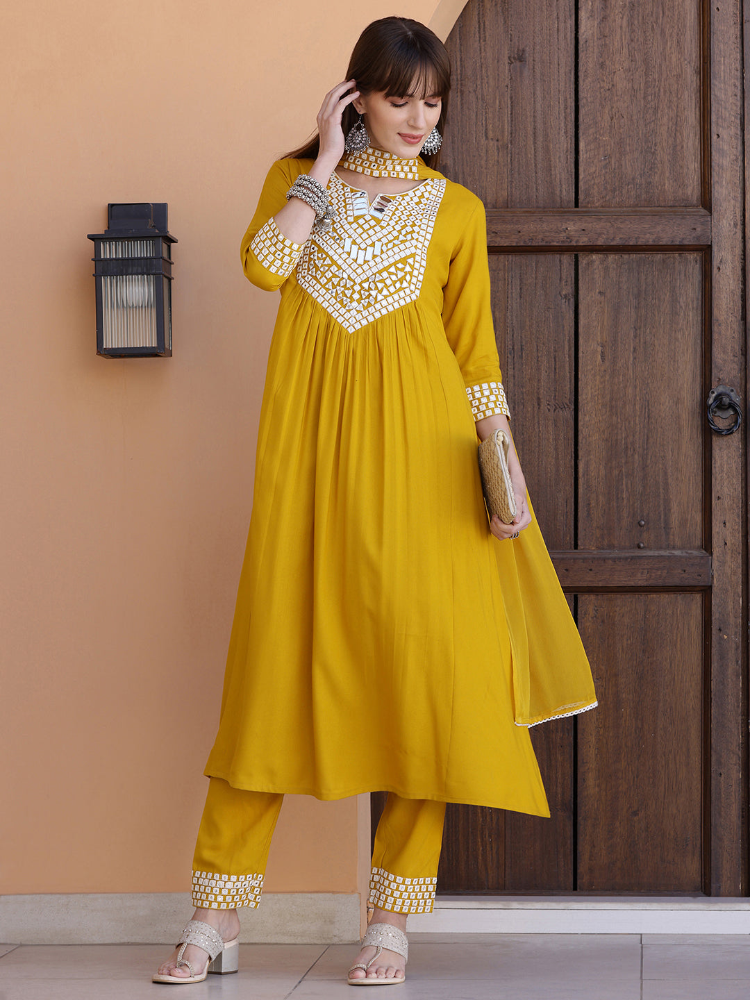 Mirror Embroidered Kurta With Pant & Necklace Dupatta, Mustard - Hiral Fashion | Grocsy