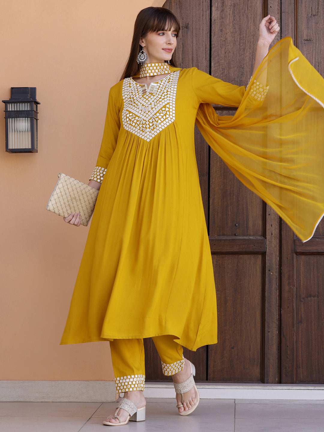 Mirror Embroidered Kurta With Pant & Necklace Dupatta, Mustard - Hiral Fashion | Grocsy