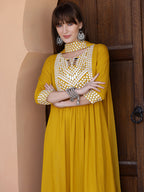 Mirror Embroidered Kurta With Pant & Necklace Dupatta, Mustard - Hiral Fashion | Grocsy