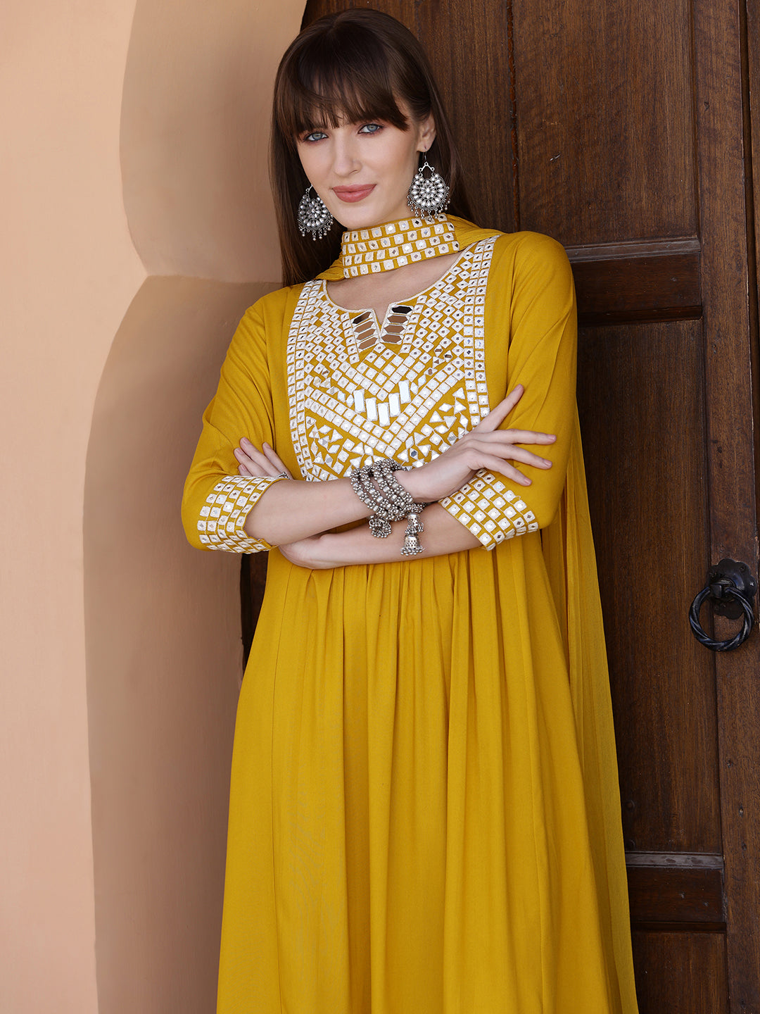 Mirror Embroidered Kurta With Pant & Necklace Dupatta, Mustard - Hiral Fashion | Grocsy