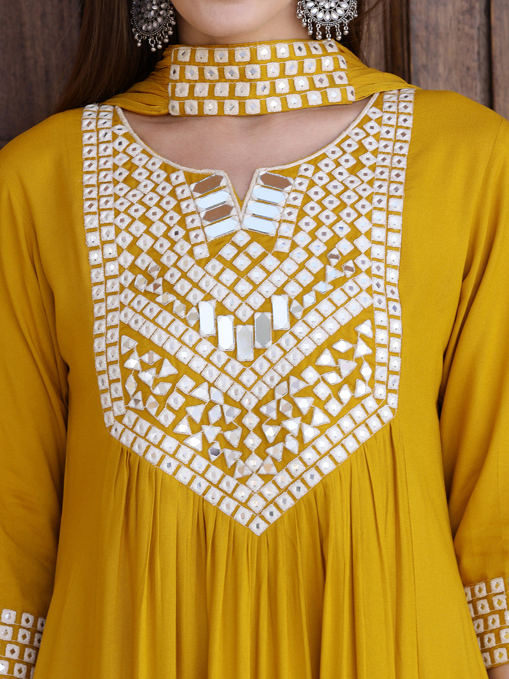 Mirror Embroidered Kurta With Pant & Necklace Dupatta, Mustard - Hiral Fashion | Grocsy