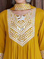 Mirror Embroidered Kurta With Pant & Necklace Dupatta, Mustard - Hiral Fashion | Grocsy
