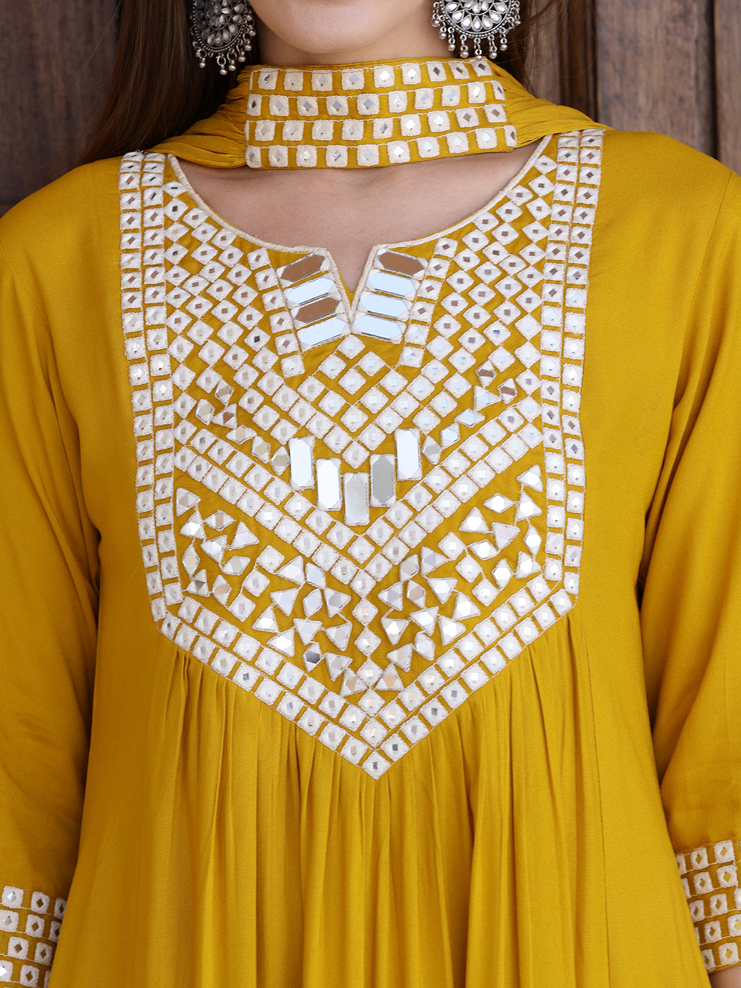 Mirror Embroidered Kurta With Pant & Necklace Dupatta, Mustard - Hiral Fashion | Grocsy