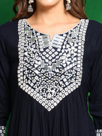 Mirror Embroidered Kurta With Pant & Necklace Dupatta, Navy Blue - Hiral Fashion | Grocsy