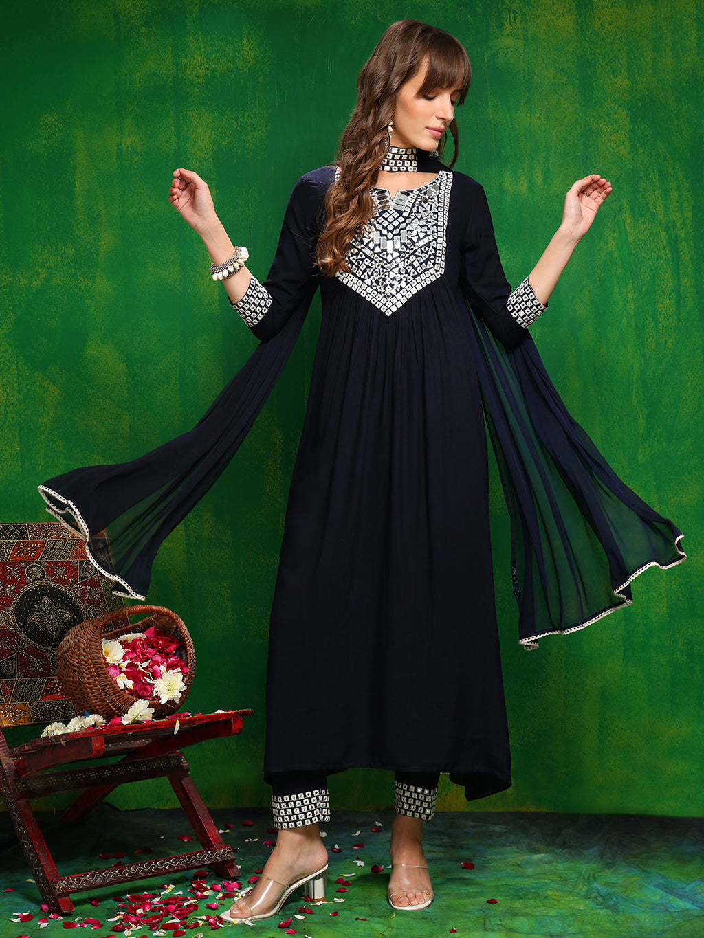 Mirror Embroidered Kurta With Pant & Necklace Dupatta, Navy Blue - Hiral Fashion | Grocsy