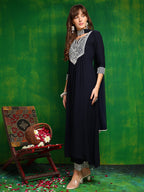 Mirror Embroidered Kurta With Pant & Necklace Dupatta, Navy Blue - Hiral Fashion | Grocsy