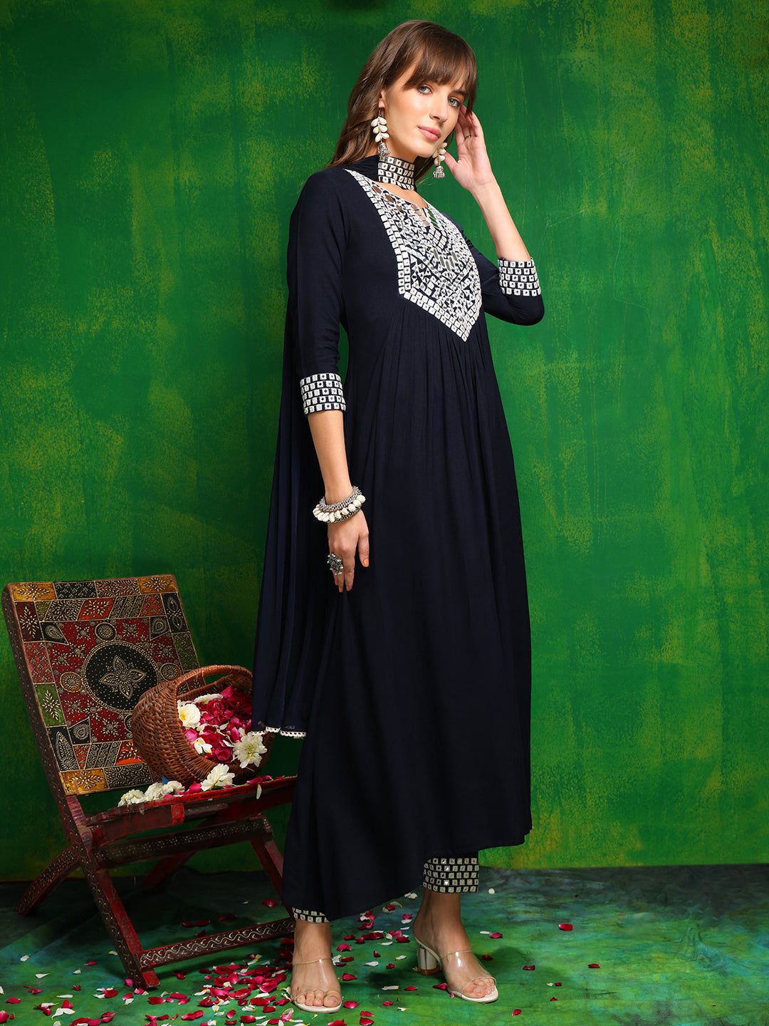 Mirror Embroidered Kurta With Pant & Necklace Dupatta, Navy Blue - Hiral Fashion | Grocsy