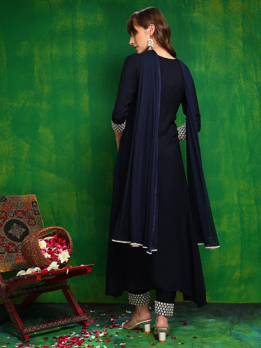Mirror Embroidered Kurta With Pant & Necklace Dupatta, Navy Blue - Hiral Fashion | Grocsy