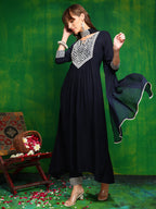 Mirror Embroidered Kurta With Pant & Necklace Dupatta, Navy Blue - Hiral Fashion | Grocsy