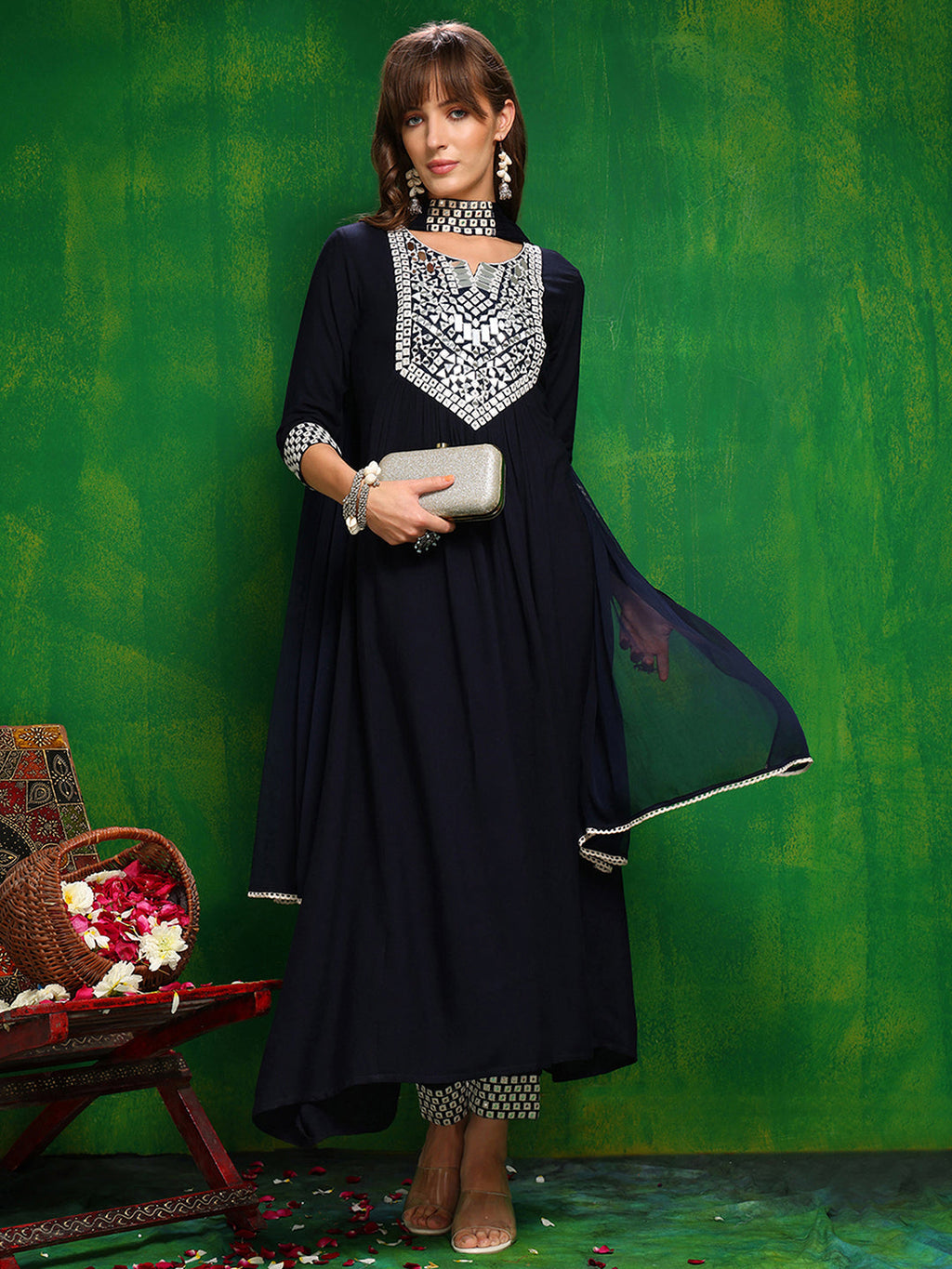 Mirror Embroidered Kurta With Pant & Necklace Dupatta, Navy Blue - Hiral Fashion | Grocsy