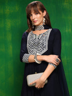 Mirror Embroidered Kurta With Pant & Necklace Dupatta, Navy Blue - Hiral Fashion | Grocsy