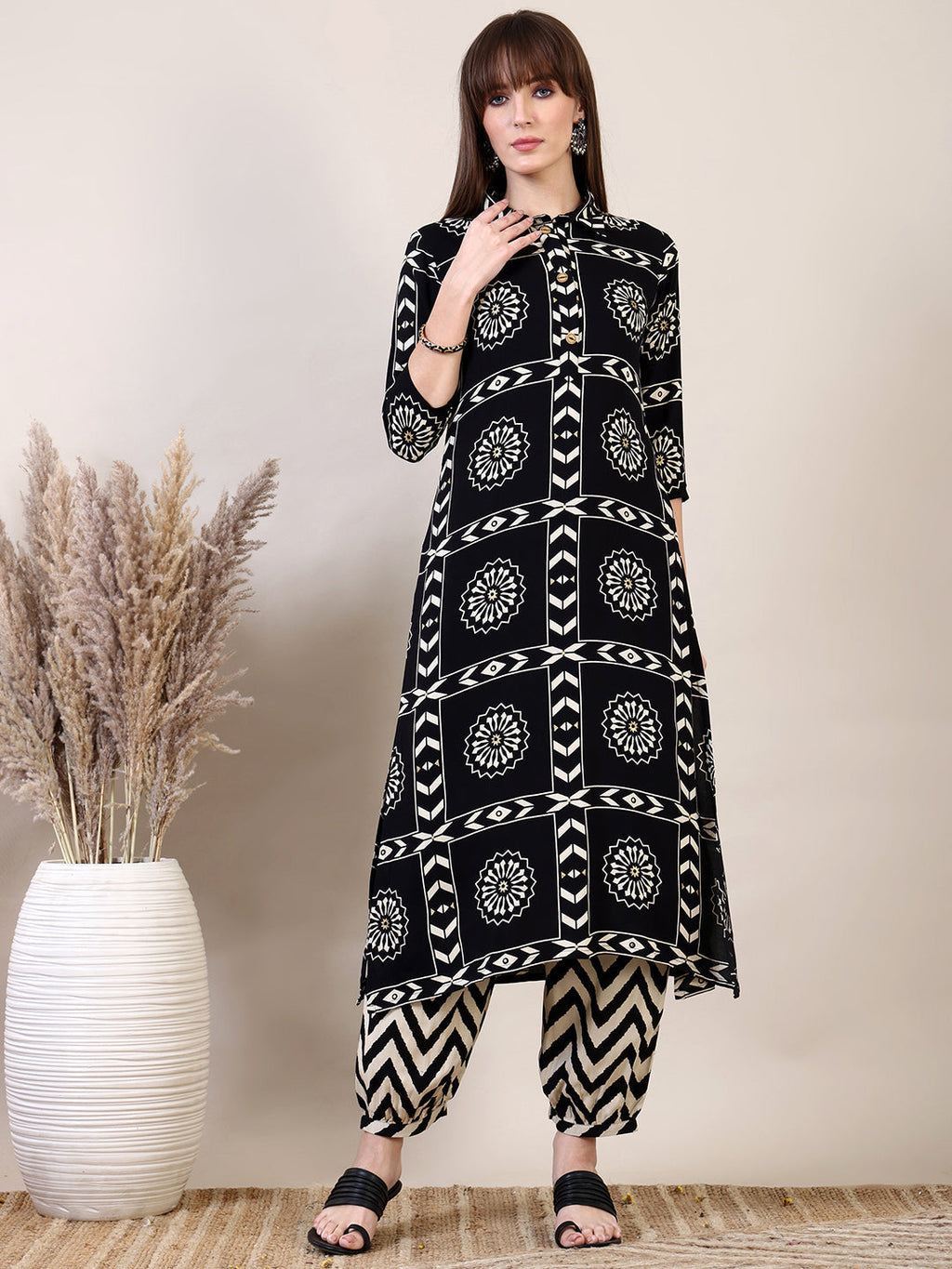 Ethnic Motifs Printed Afghani Pant Co-Ords, Black - Hiral Fashion | Grocsy