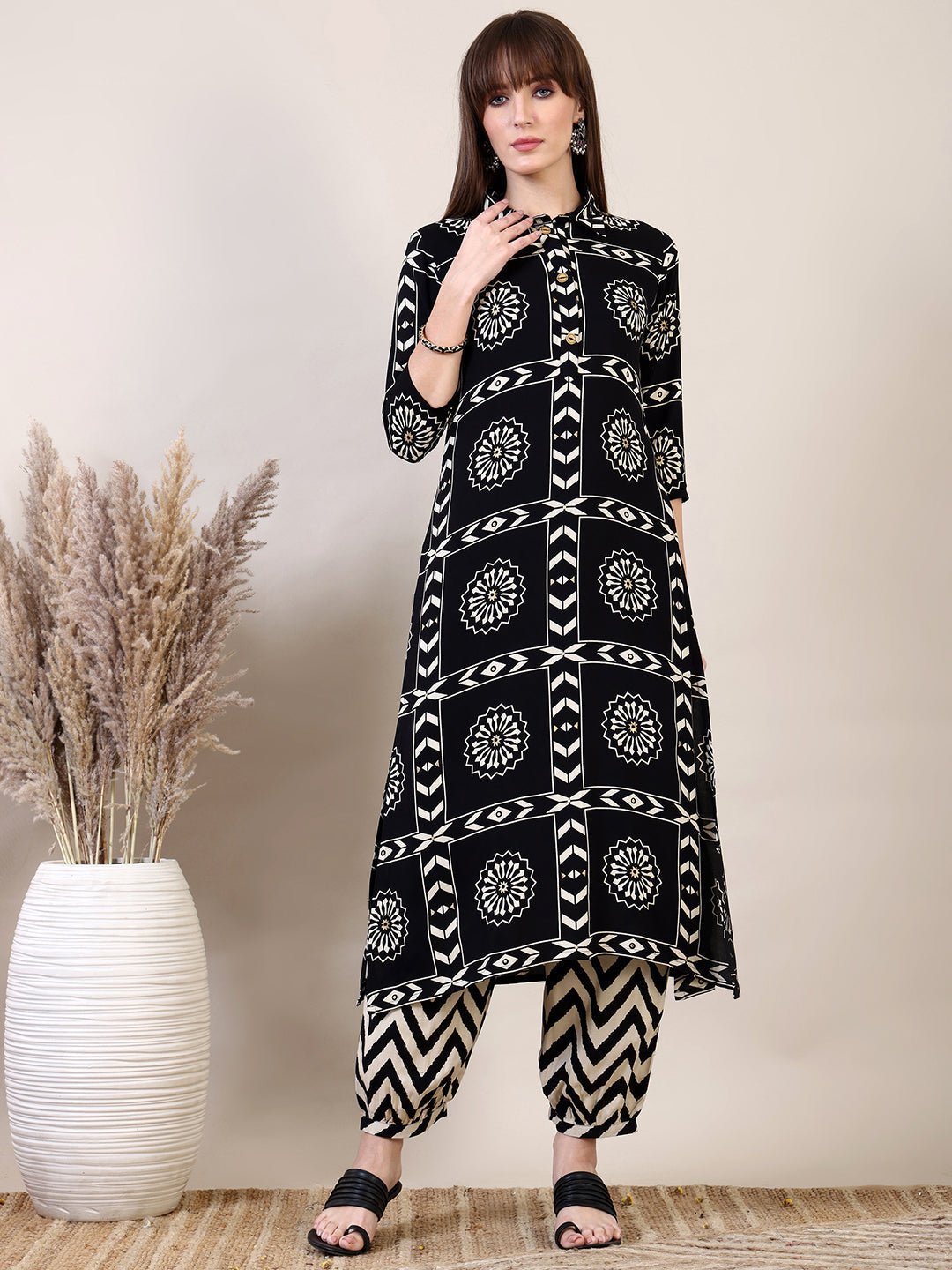 Ethnic Motifs Printed Afghani Pant Co-Ords, Black - Hiral Fashion | Grocsy