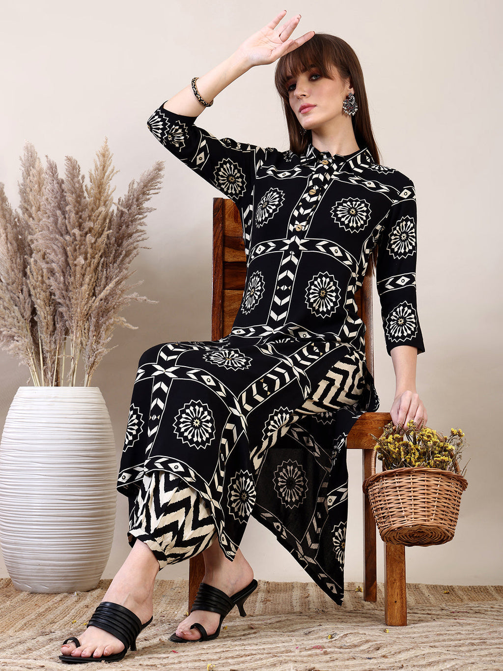 Ethnic Motifs Printed Afghani Pant Co-Ords, Black - Hiral Fashion | Grocsy