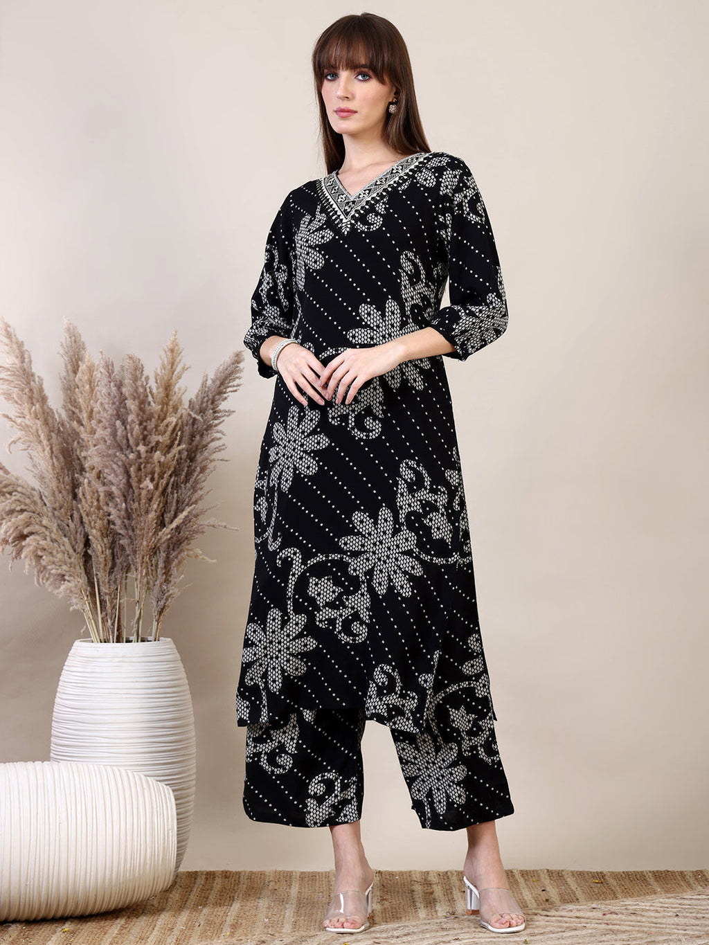 Embroidered & Floral Printed Co-Ords, Black - Hiral Fashion | Grocsy