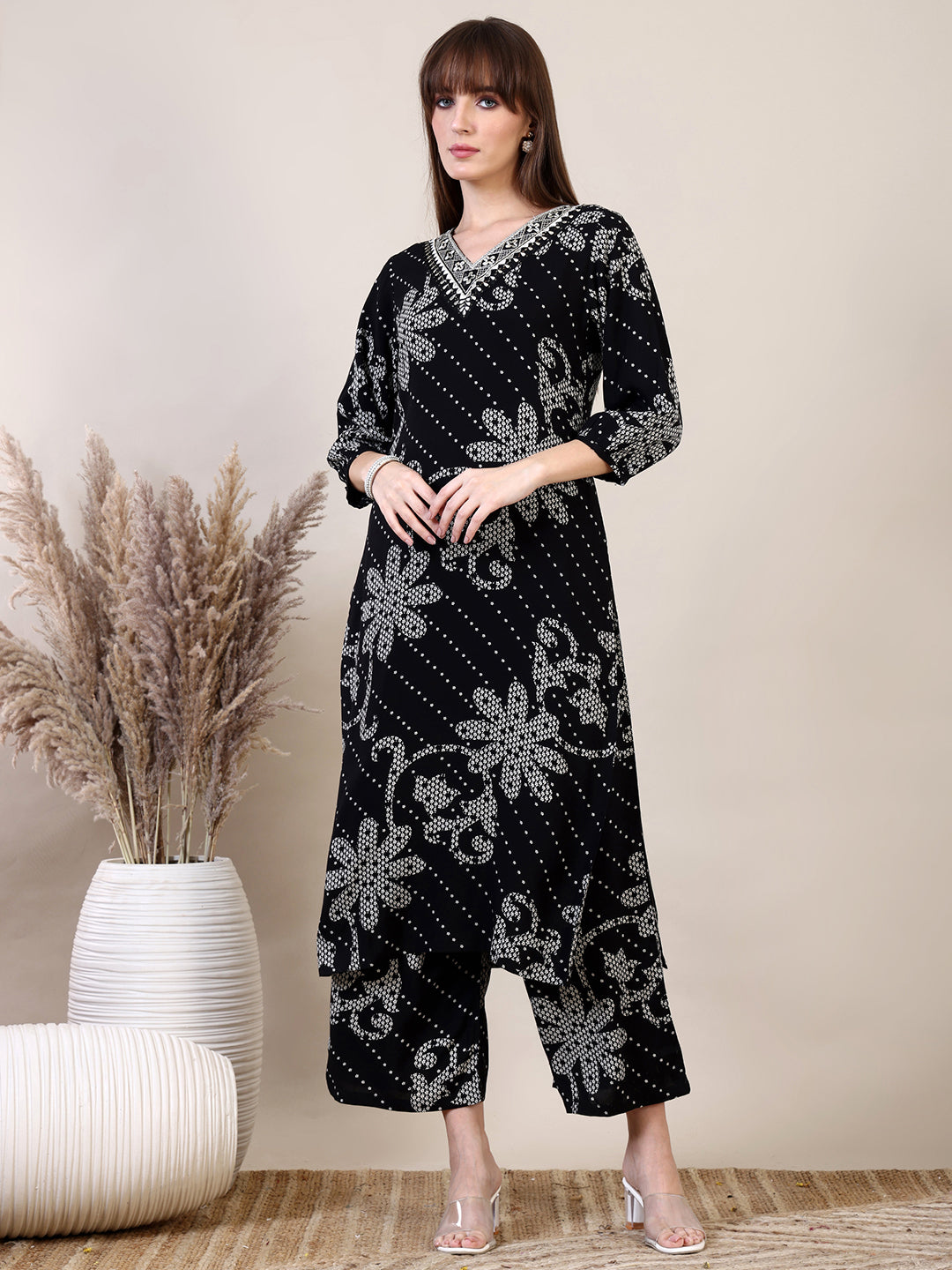 Embroidered & Floral Printed Co-Ords, Black - Hiral Fashion | Grocsy