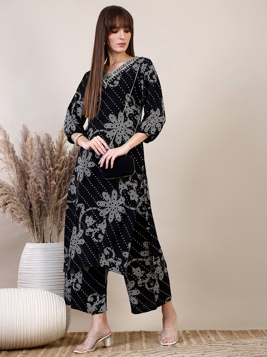 Embroidered & Floral Printed Co-Ords, Black - Hiral Fashion | Grocsy