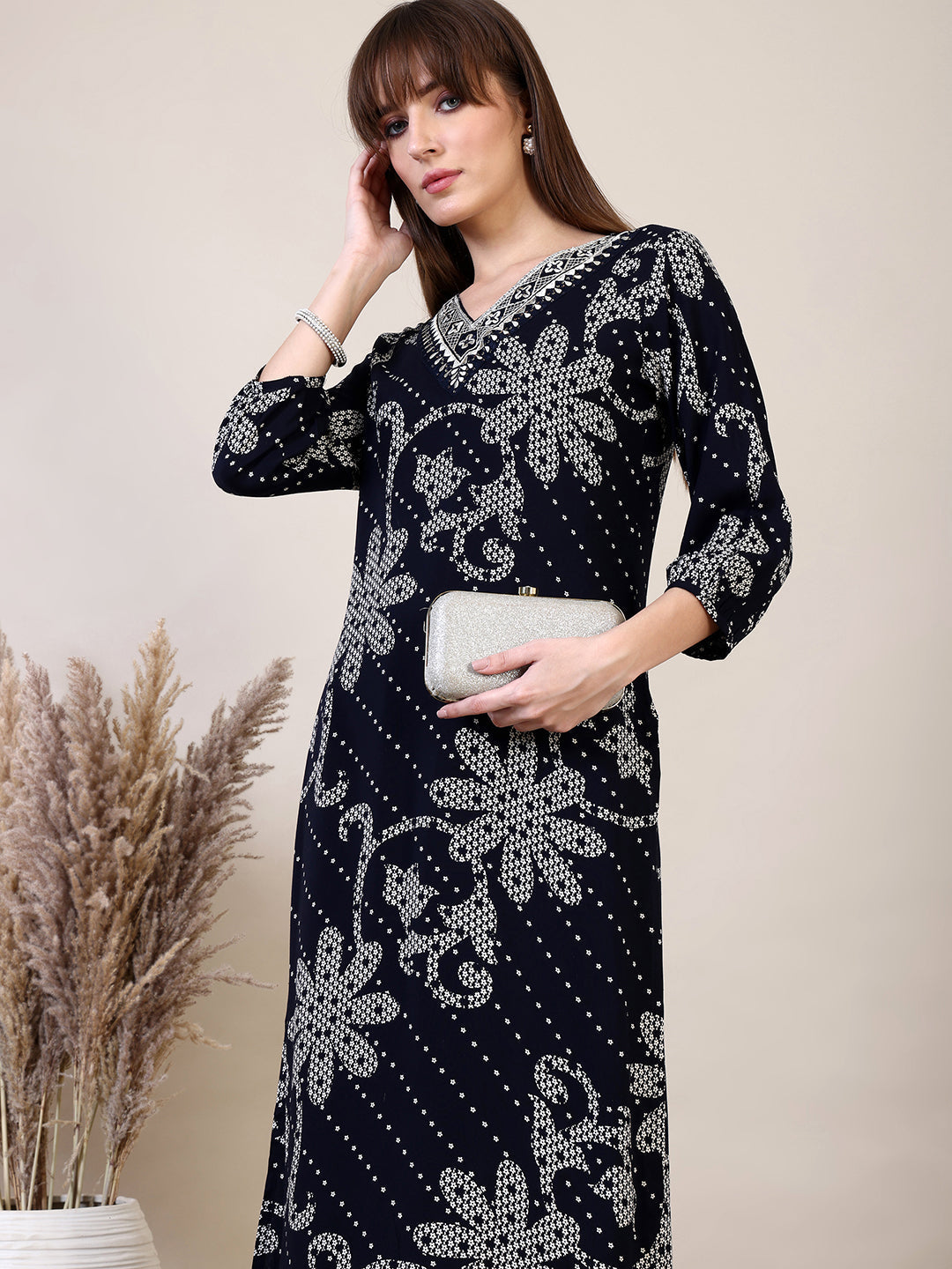 Embroidered & Floral Printed Co-Ords, Navy Blue - Hiral Fashion | Grocsy